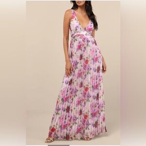 Lulus Morgana Pink and Purple Multi Floral Satin Pleated Maxi Dress